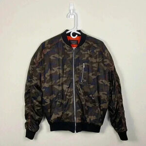 Zara Man Men’s Medium Camo Bomber Jacket Ruched Sleeves Casual Moto Bikercore